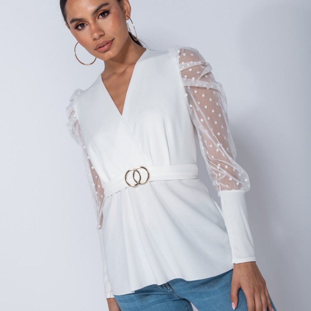 White Long Polka Dot Sleeve V-Neck Belted Blouse - Picture 2 of 7